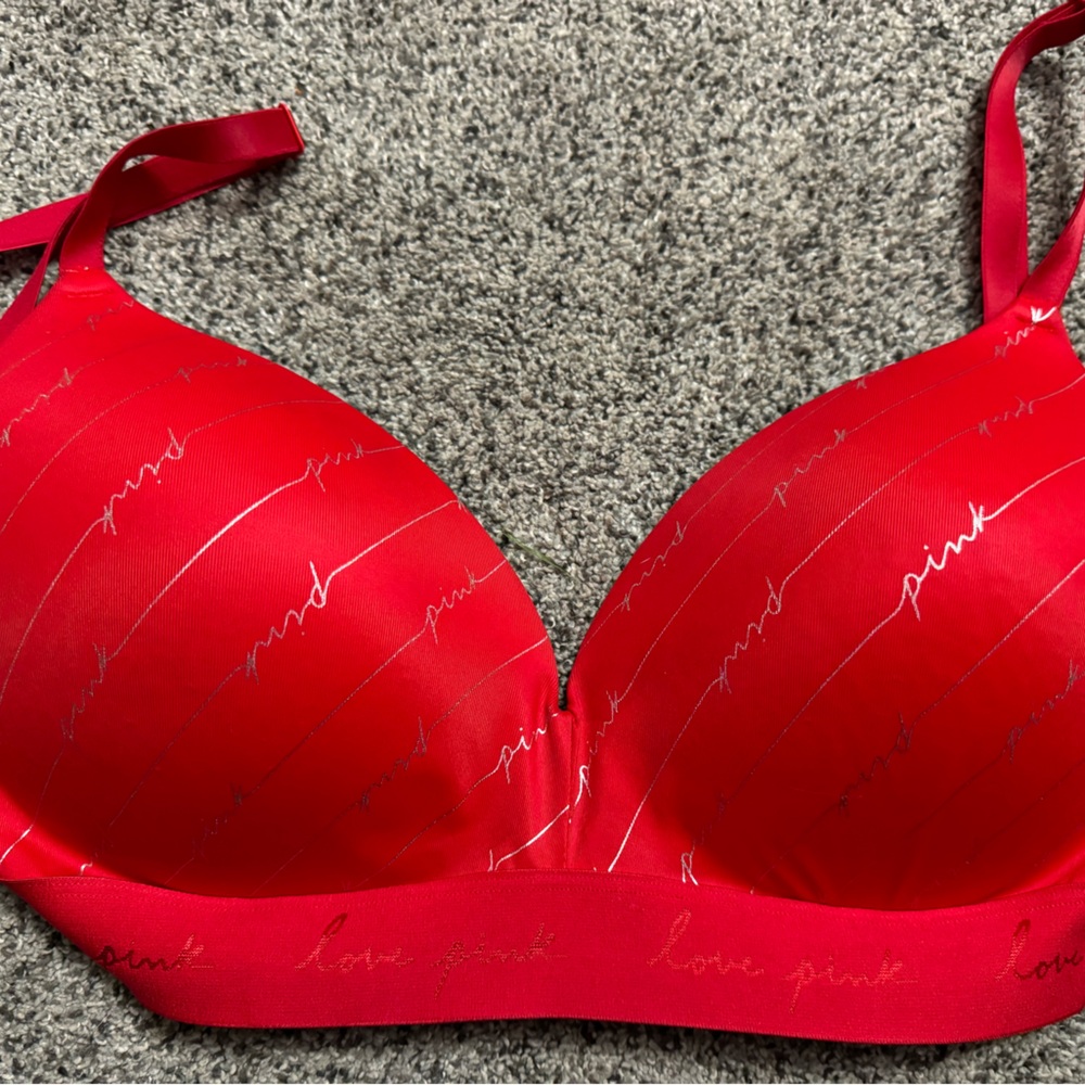 PINK Wear Everywear Wireless Push-Up bra in red w silver writing on cups 38DD